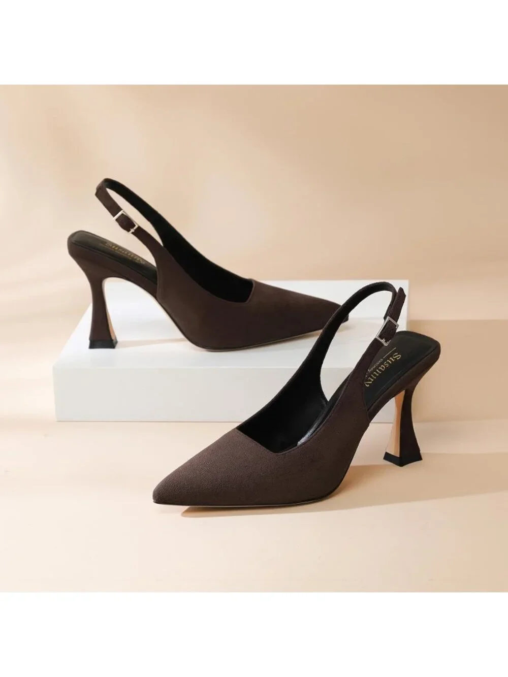 Womens Chocolate Brown Slingback Kitten Pump Closed Pointy Toe Chunky Heel Shoes